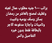 مطلوب للعمل فورااا بسكن ومبيت  فرصة للتثبيت و تامينات اجتماعية وصحية