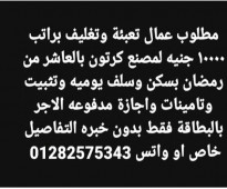 براتب 10000 مطلوب عمال تعبئه وتغليف لمصنع بالعاشر من رمضان